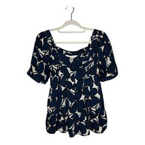 Diane von Furstenberg Silk Blend Top Womens 6 Blue Abstract Peplum Short Sleeve